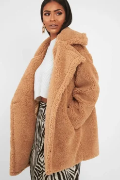 Rebellious Fashion Camel Faux Fur Button Front Teddy Coat - Aamna