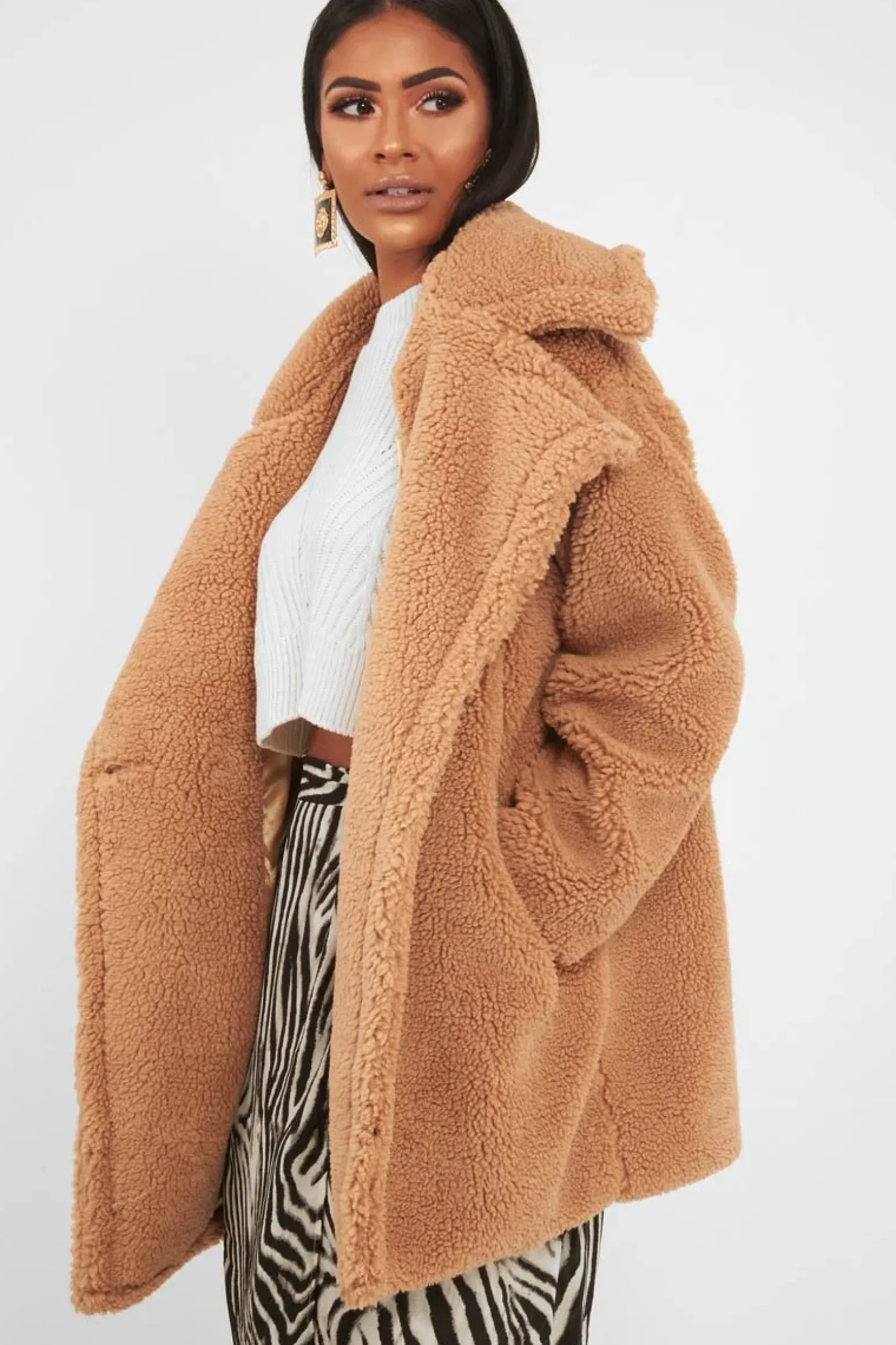Rebellious Fashion Camel Faux Fur Button Front Teddy Coat - Aamna