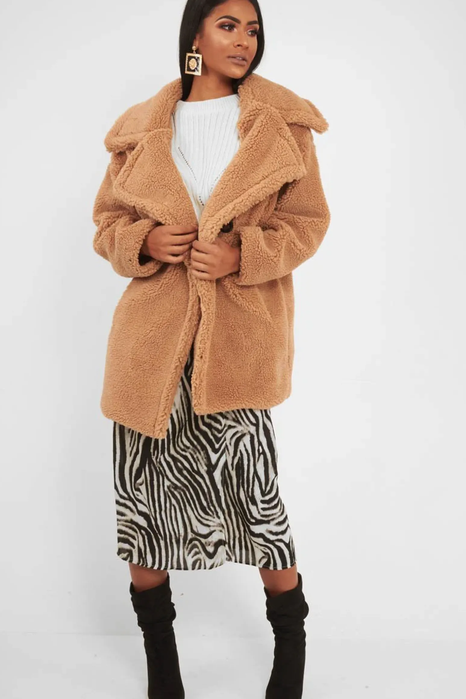 Rebellious Fashion Camel Faux Fur Button Front Teddy Coat - Aamna