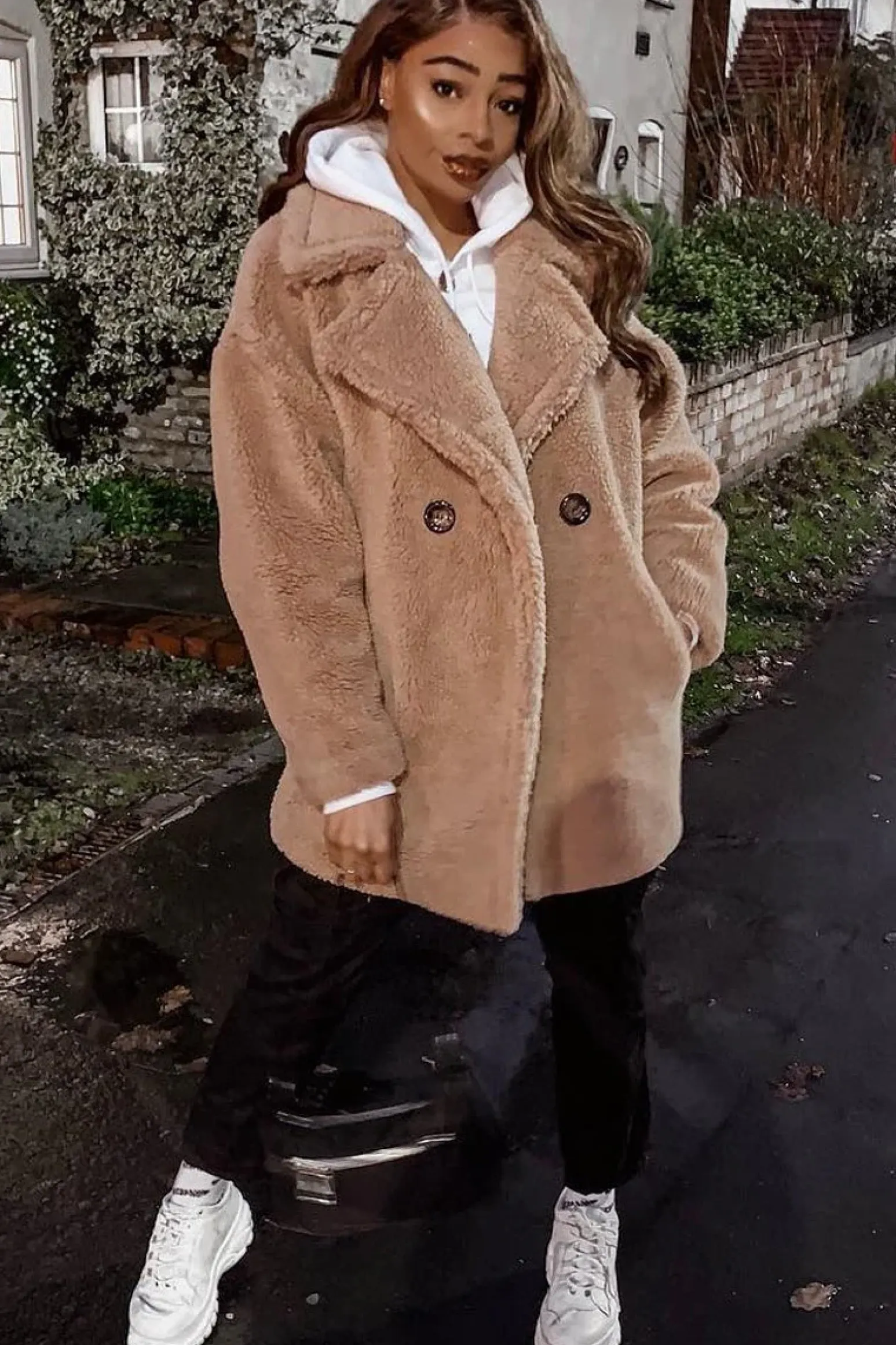 Rebellious Fashion Camel Faux Fur Button Front Teddy Coat - Aamna