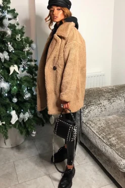 Rebellious Fashion Camel Faux Fur Button Front Teddy Coat - Aamna