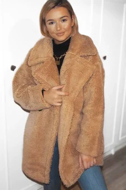 Rebellious Fashion Camel Faux Fur Button Front Teddy Coat - Aamna