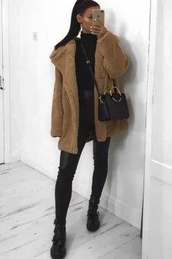 Rebellious Fashion Camel Faux Fur Button Front Teddy Coat - Aamna