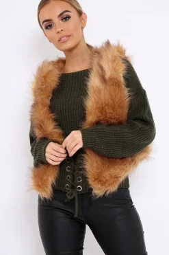 Rebellious Fashion Camel Faux Fur Cropped Gilet - Nadia