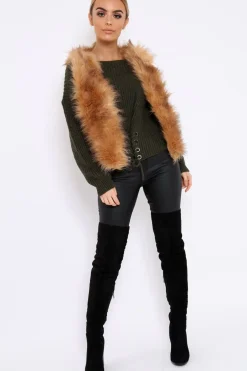 Rebellious Fashion Camel Faux Fur Cropped Gilet - Nadia