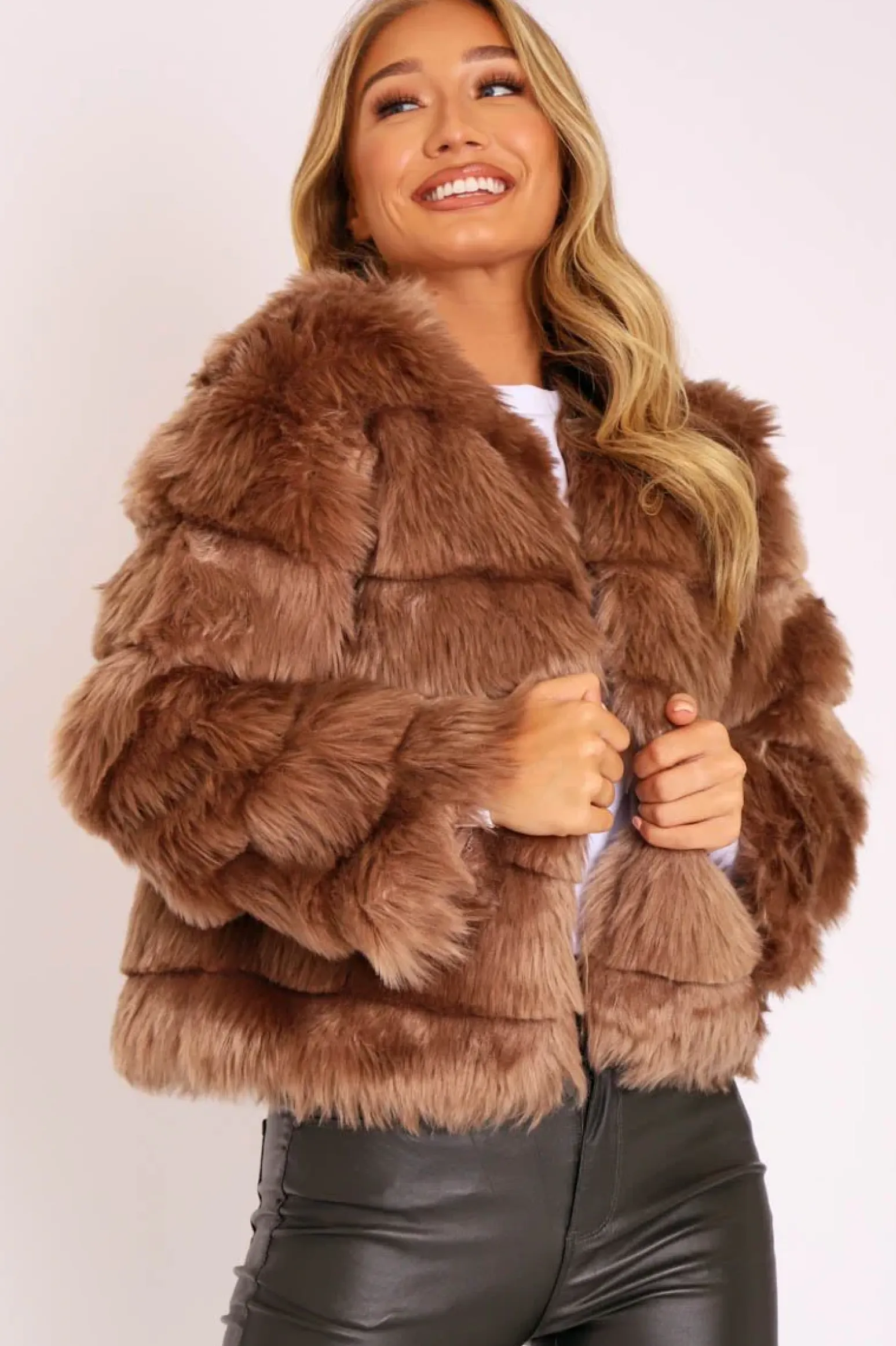 Rebellious Fashion Camel Faux Fur Jacket - Estelle