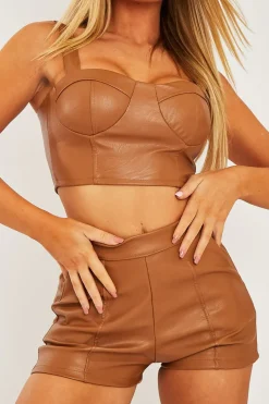Rebellious Fashion Camel Faux Leather Corset Top Shorts Co-ord - Becka