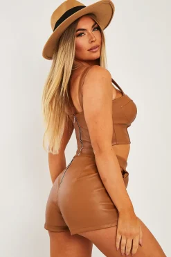 Rebellious Fashion Camel Faux Leather Corset Top Shorts Co-ord - Becka