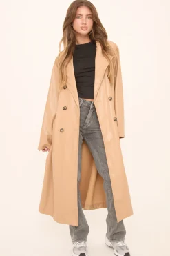 Rebellious Fashion Camel Faux Leather Double Breasted Oversized Longline Trench Coat - Ethel