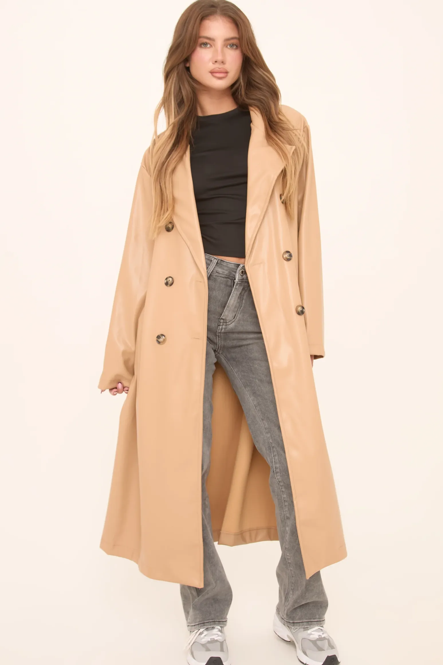 Rebellious Fashion Camel Faux Leather Double Breasted Oversized Longline Trench Coat - Ethel