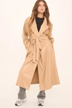 Rebellious Fashion Camel Faux Leather Double Breasted Oversized Longline Trench Coat - Ethel
