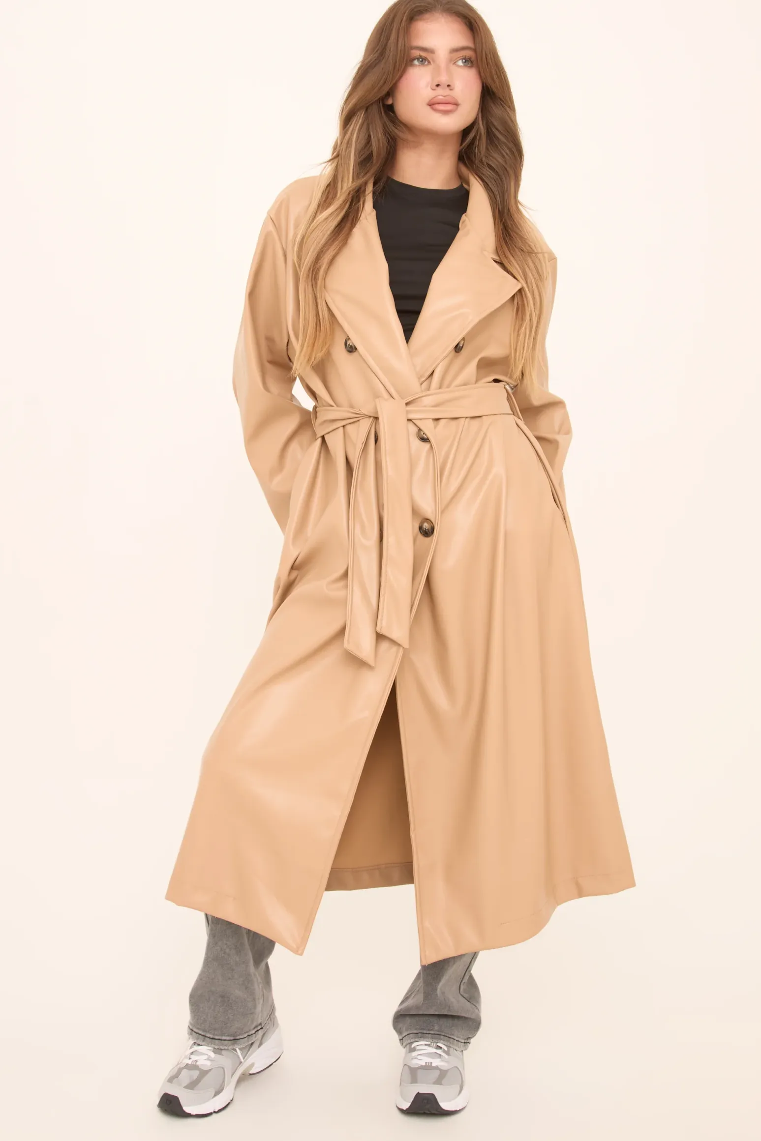 Rebellious Fashion Camel Faux Leather Double Breasted Oversized Longline Trench Coat - Ethel