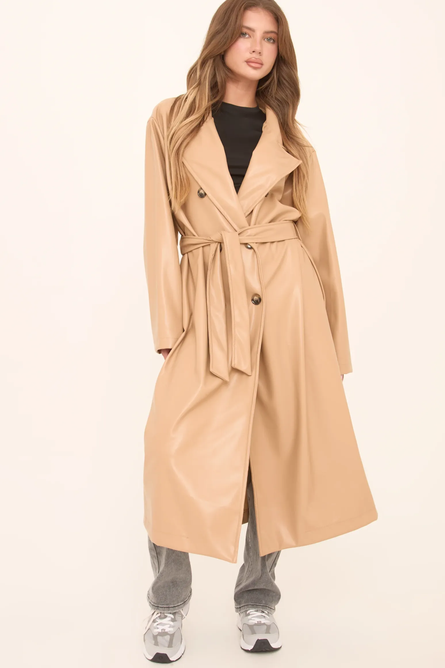 Rebellious Fashion Camel Faux Leather Double Breasted Oversized Longline Trench Coat - Ethel