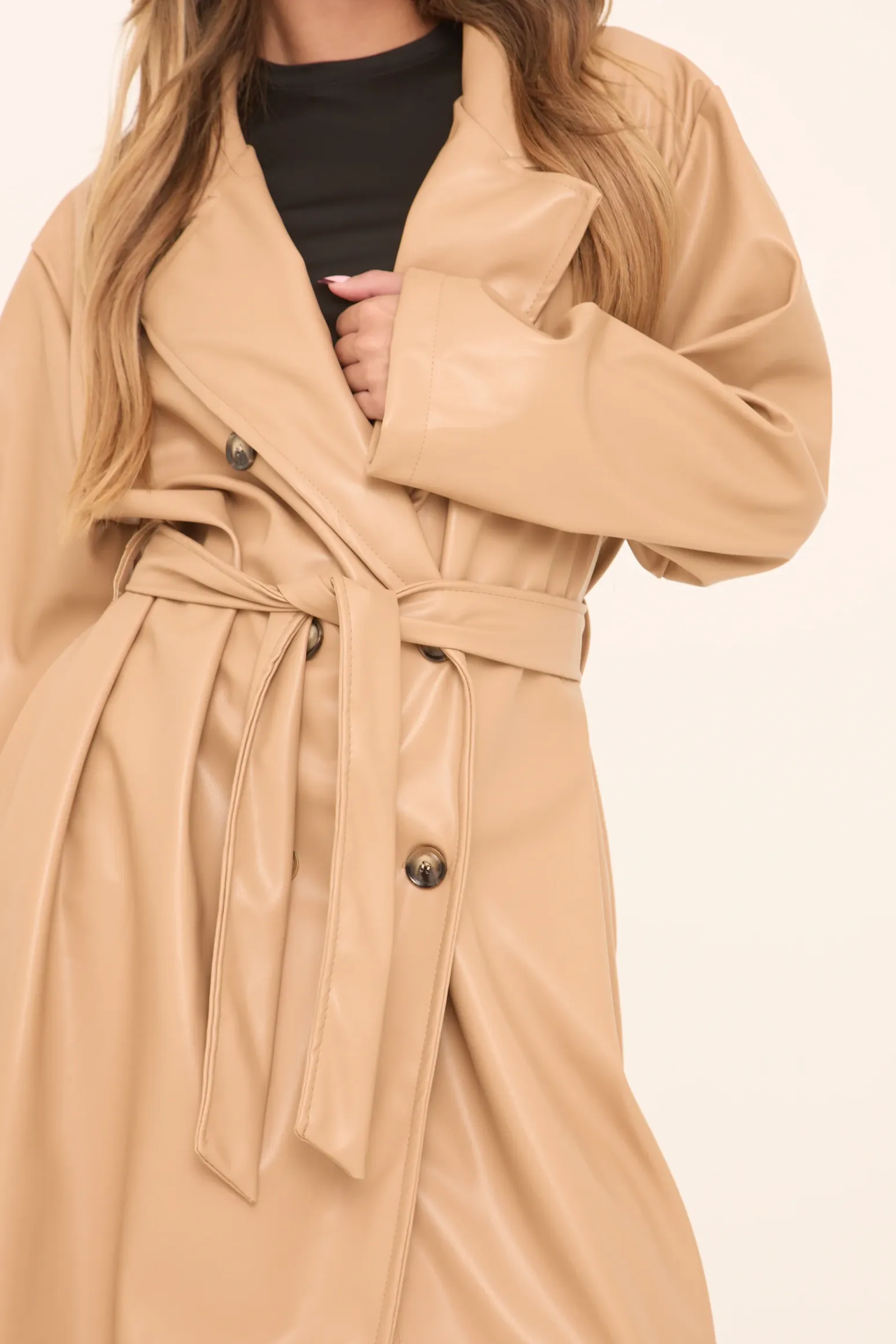Rebellious Fashion Camel Faux Leather Double Breasted Oversized Longline Trench Coat - Ethel