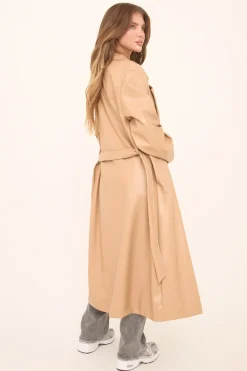Rebellious Fashion Camel Faux Leather Double Breasted Oversized Longline Trench Coat - Ethel