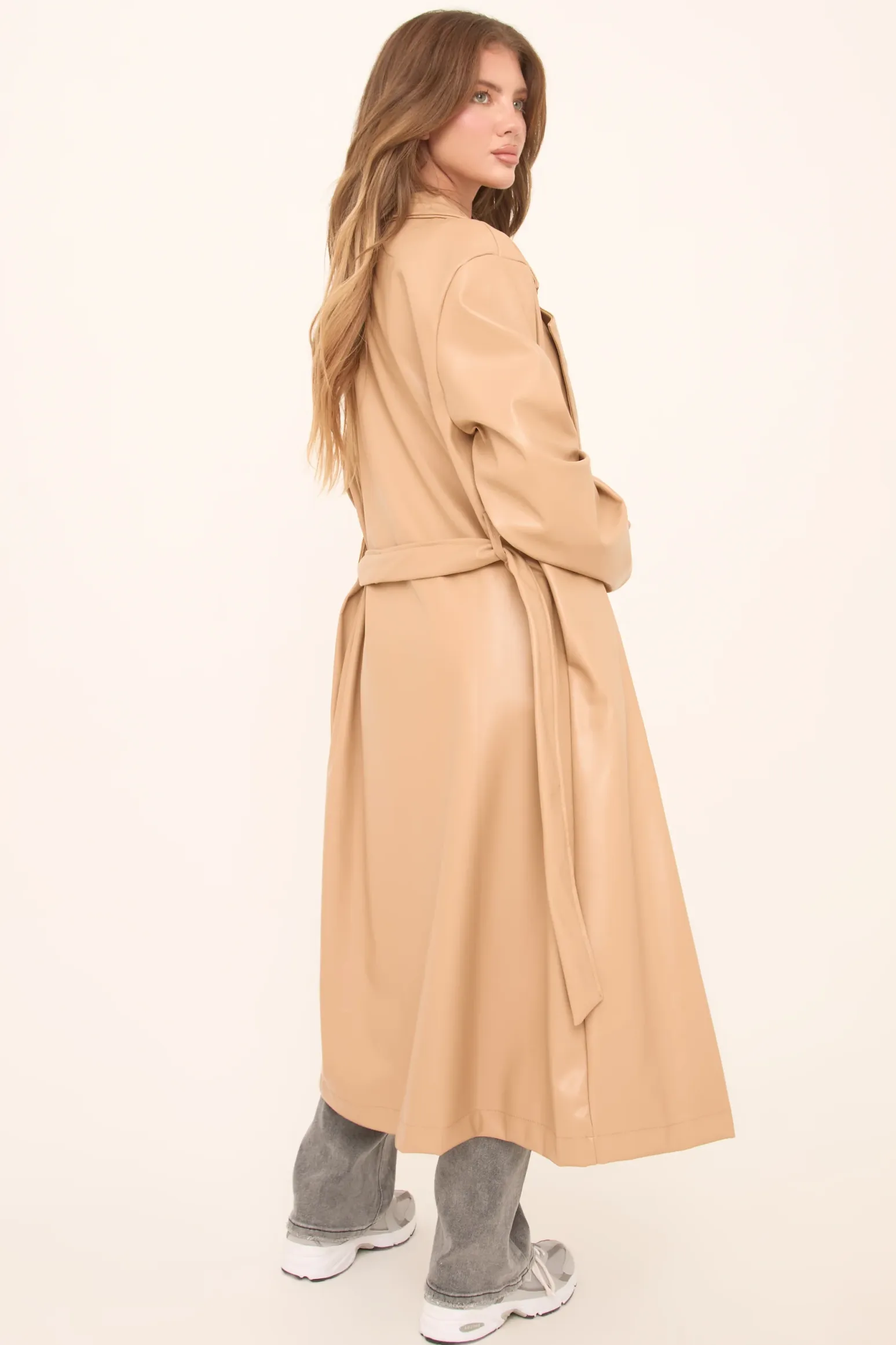 Rebellious Fashion Camel Faux Leather Double Breasted Oversized Longline Trench Coat - Ethel