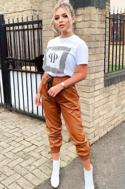 Rebellious Fashion Camel Faux Leather Drawstring Waist Joggers - Persia