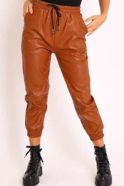 Rebellious Fashion Camel Faux Leather Drawstring Waist Joggers - Persia