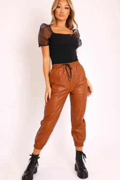 Rebellious Fashion Camel Faux Leather Drawstring Waist Joggers - Persia