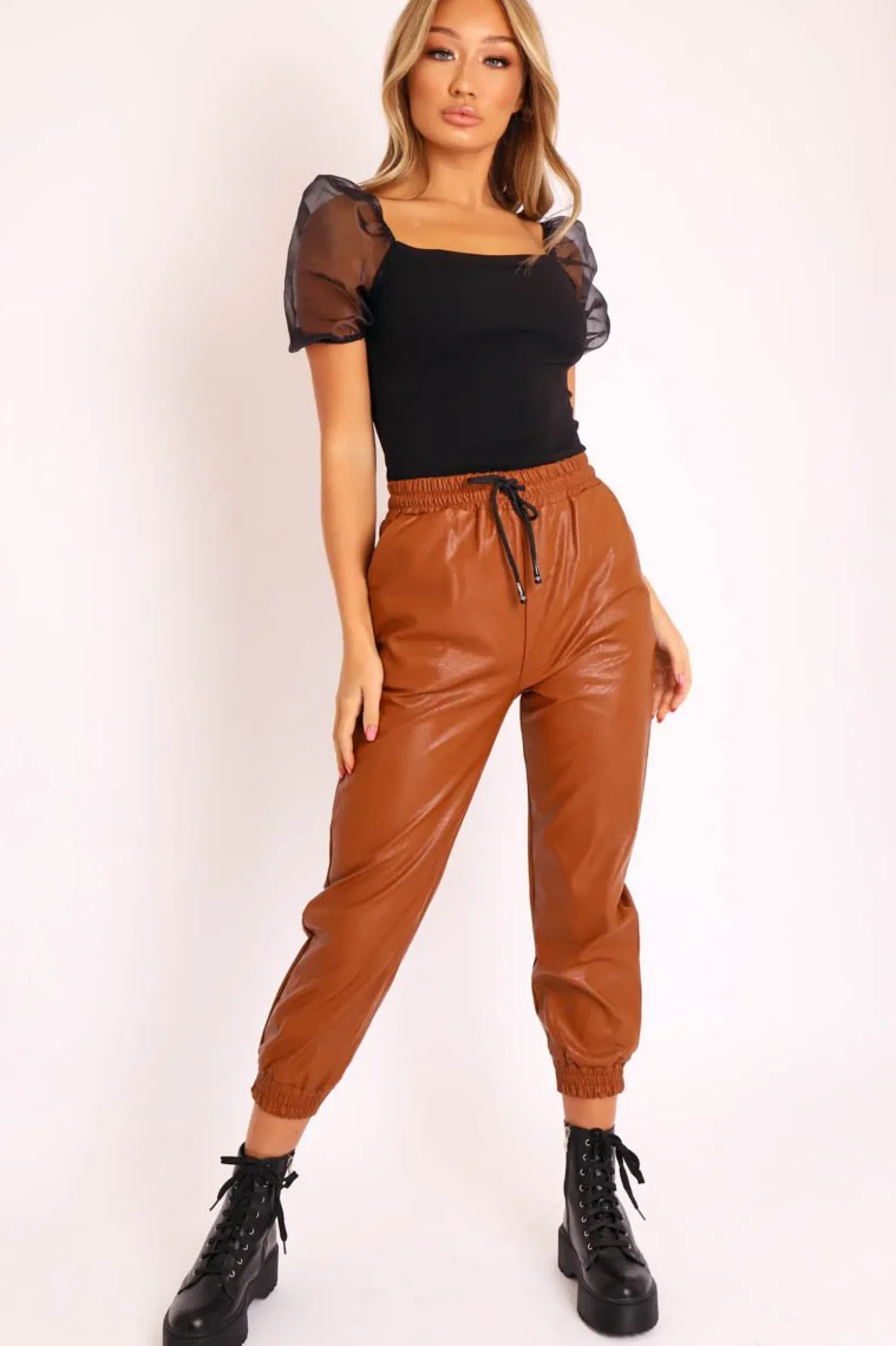 Rebellious Fashion Camel Faux Leather Drawstring Waist Joggers - Persia