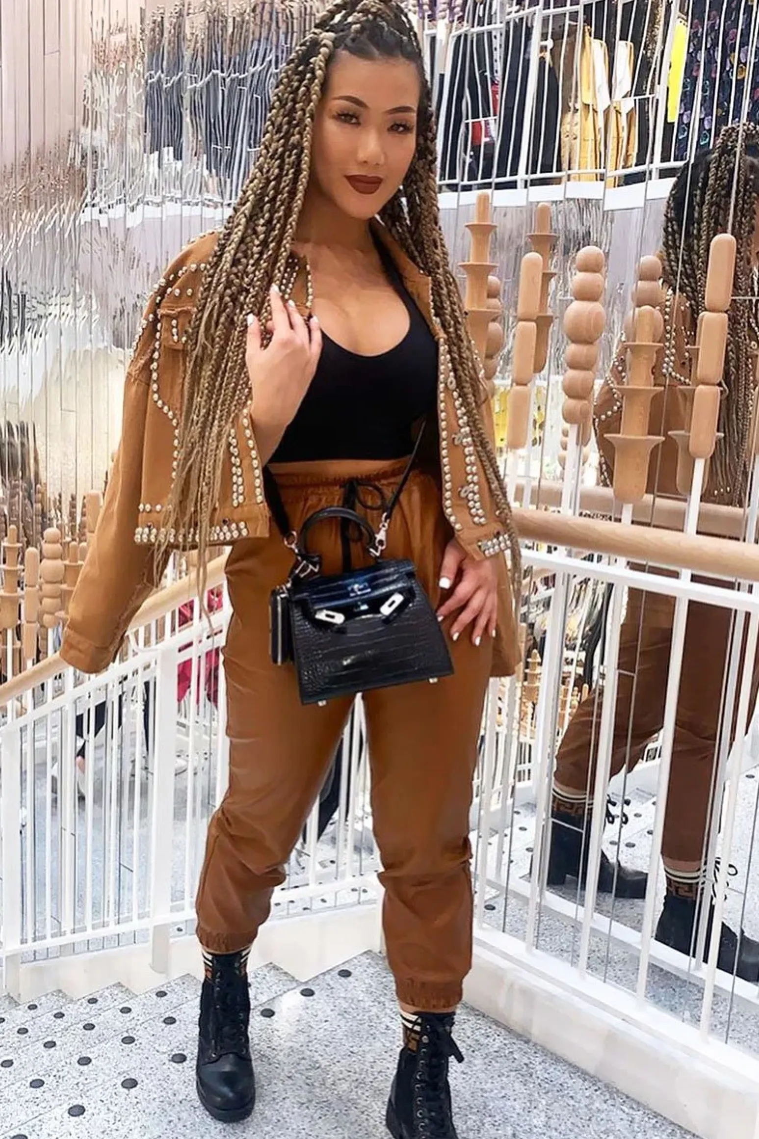 Rebellious Fashion Camel Faux Leather Drawstring Waist Joggers - Persia