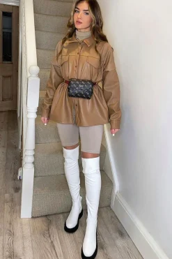 Rebellious Fashion Camel Faux Leather Shacket - Leiyah