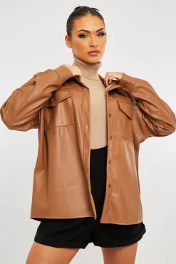 Rebellious Fashion Camel Faux Leather Shacket - Leiyah