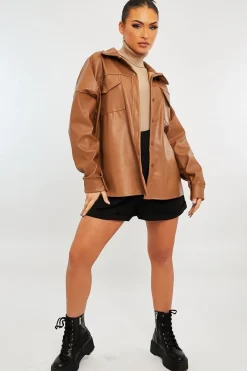 Rebellious Fashion Camel Faux Leather Shacket - Leiyah