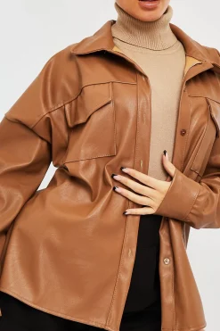 Rebellious Fashion Camel Faux Leather Shacket - Leiyah