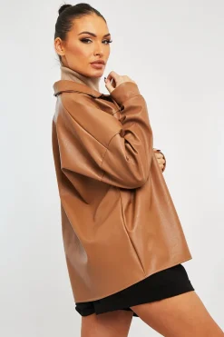 Rebellious Fashion Camel Faux Leather Shacket - Leiyah