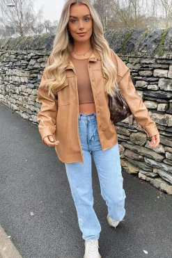 Rebellious Fashion Camel Faux Leather Shacket - Leiyah