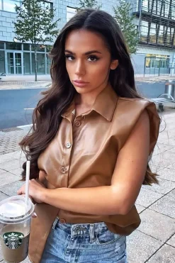 Rebellious Fashion Camel Faux Leather Shoulder Pad Shirt - Eila