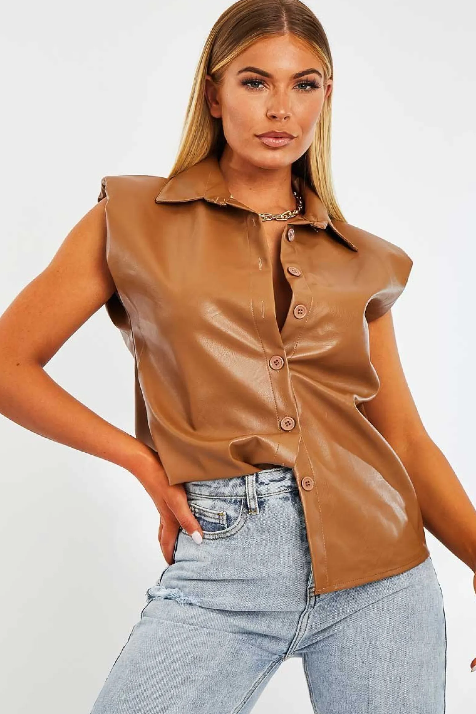 Rebellious Fashion Camel Faux Leather Shoulder Pad Shirt - Eila