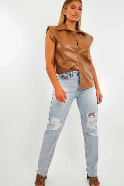 Rebellious Fashion Camel Faux Leather Shoulder Pad Shirt - Eila