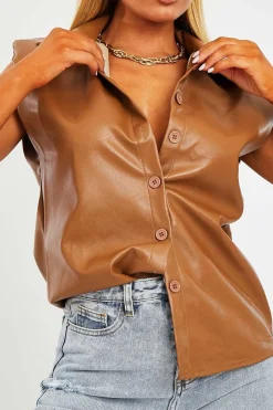 Rebellious Fashion Camel Faux Leather Shoulder Pad Shirt - Eila