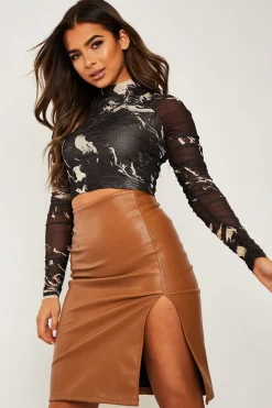 Rebellious Fashion Camel Faux Leather Side Split Midi Skirt - Mahalia
