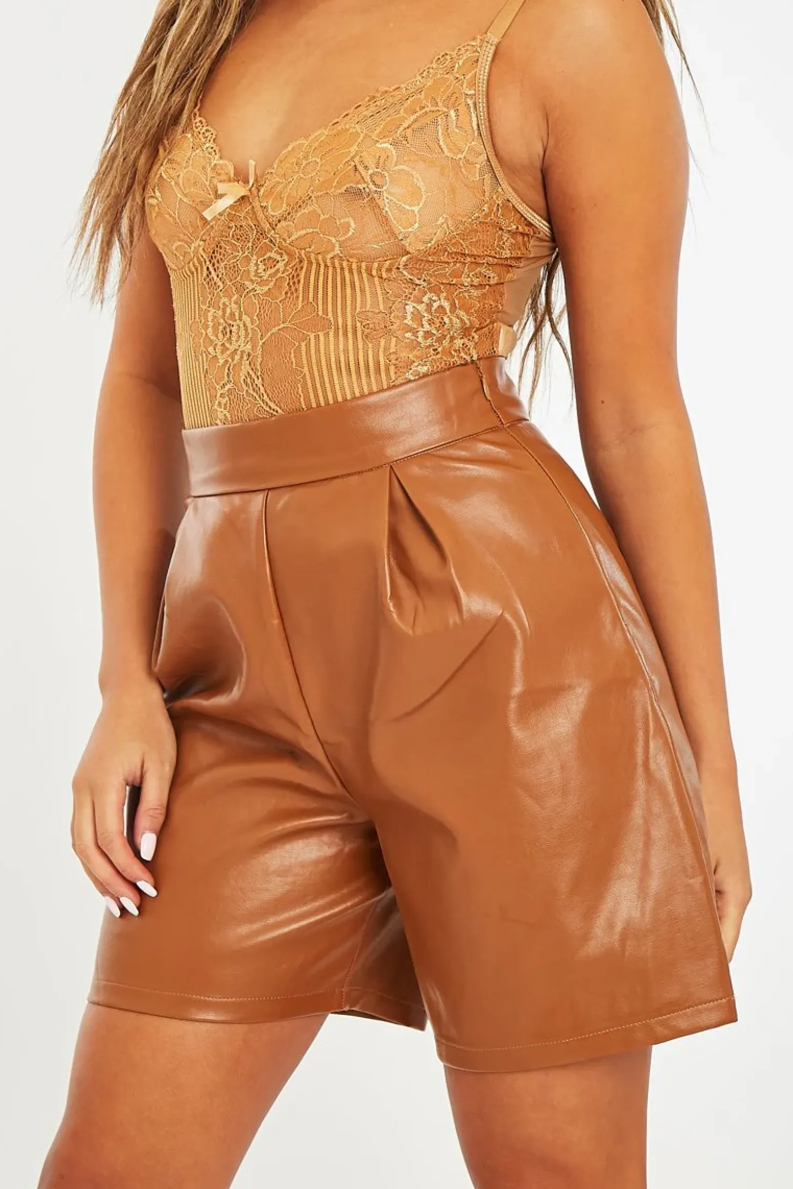 Rebellious Fashion Camel Faux Leather Tailored Longline Short - Gloria
