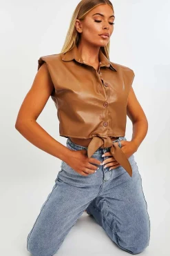 Rebellious Fashion Camel Faux Leather Tie Shoulder Pad Shirt - Cristina