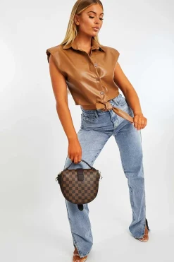 Rebellious Fashion Camel Faux Leather Tie Shoulder Pad Shirt - Cristina
