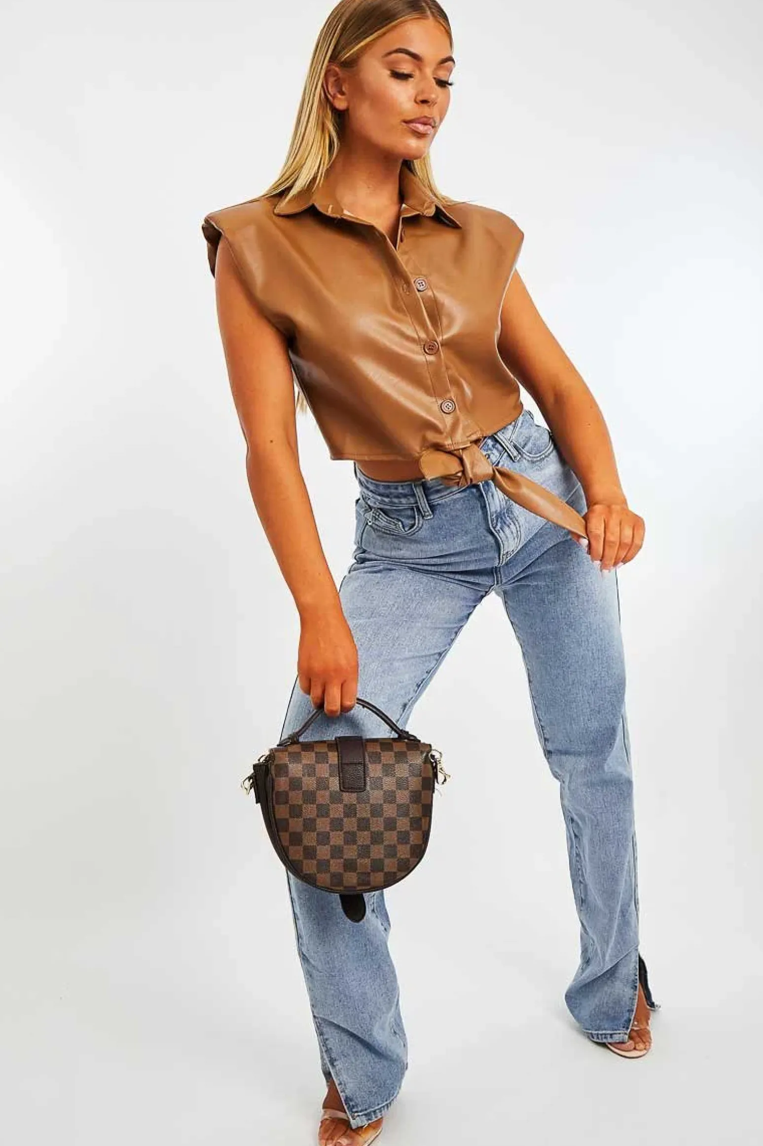 Rebellious Fashion Camel Faux Leather Tie Shoulder Pad Shirt - Cristina