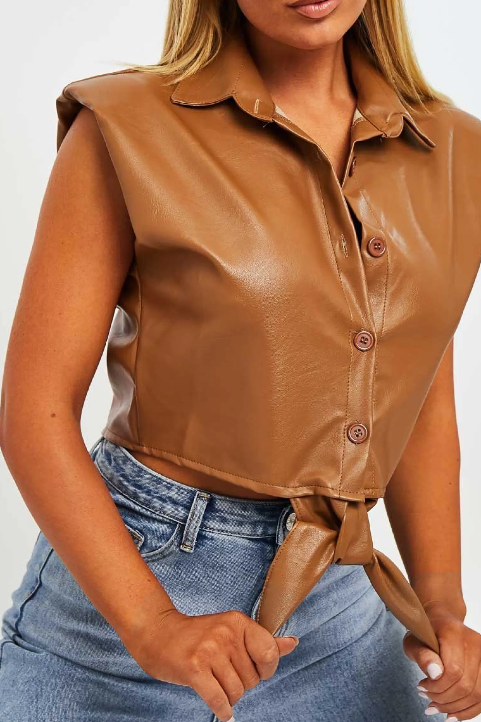 Rebellious Fashion Camel Faux Leather Tie Shoulder Pad Shirt - Cristina