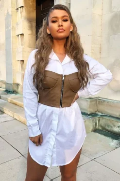Rebellious Fashion Camel Faux Leather Zip Front Corset Top - Karolina