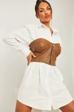 Rebellious Fashion Camel Faux Leather Zip Front Corset Top - Karolina