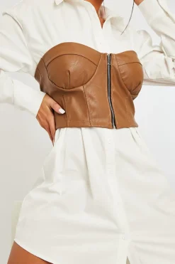 Rebellious Fashion Camel Faux Leather Zip Front Corset Top - Karolina