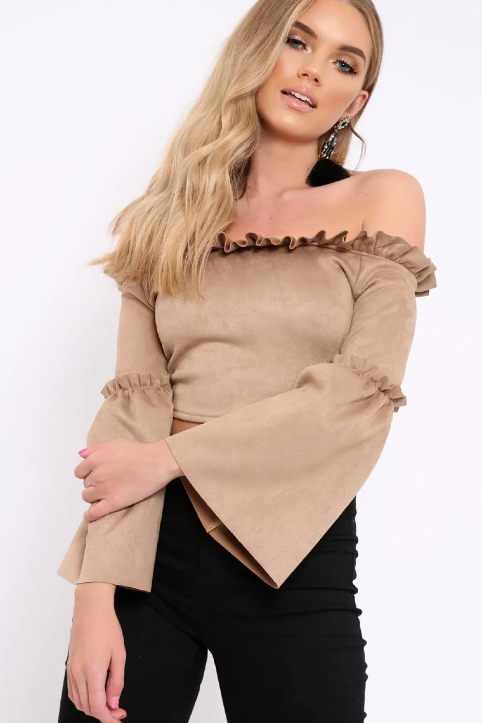 Rebellious Fashion Camel Faux Suede Crop Bardot Top - Torri