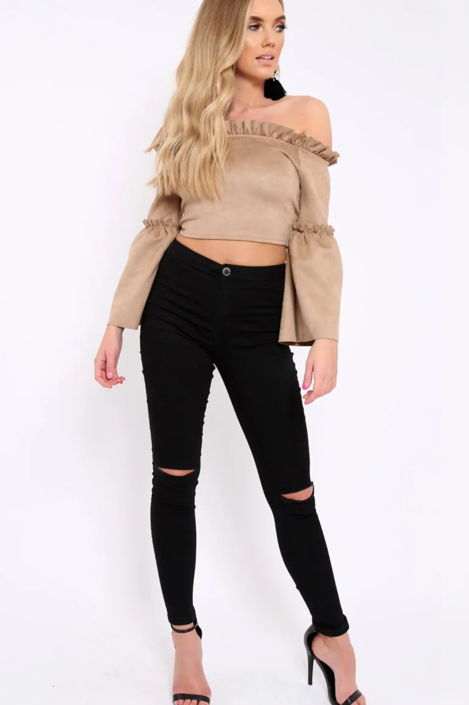 Rebellious Fashion Camel Faux Suede Crop Bardot Top - Torri