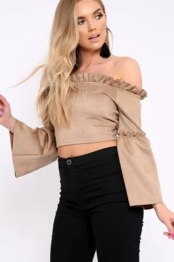 Rebellious Fashion Camel Faux Suede Crop Bardot Top - Torri