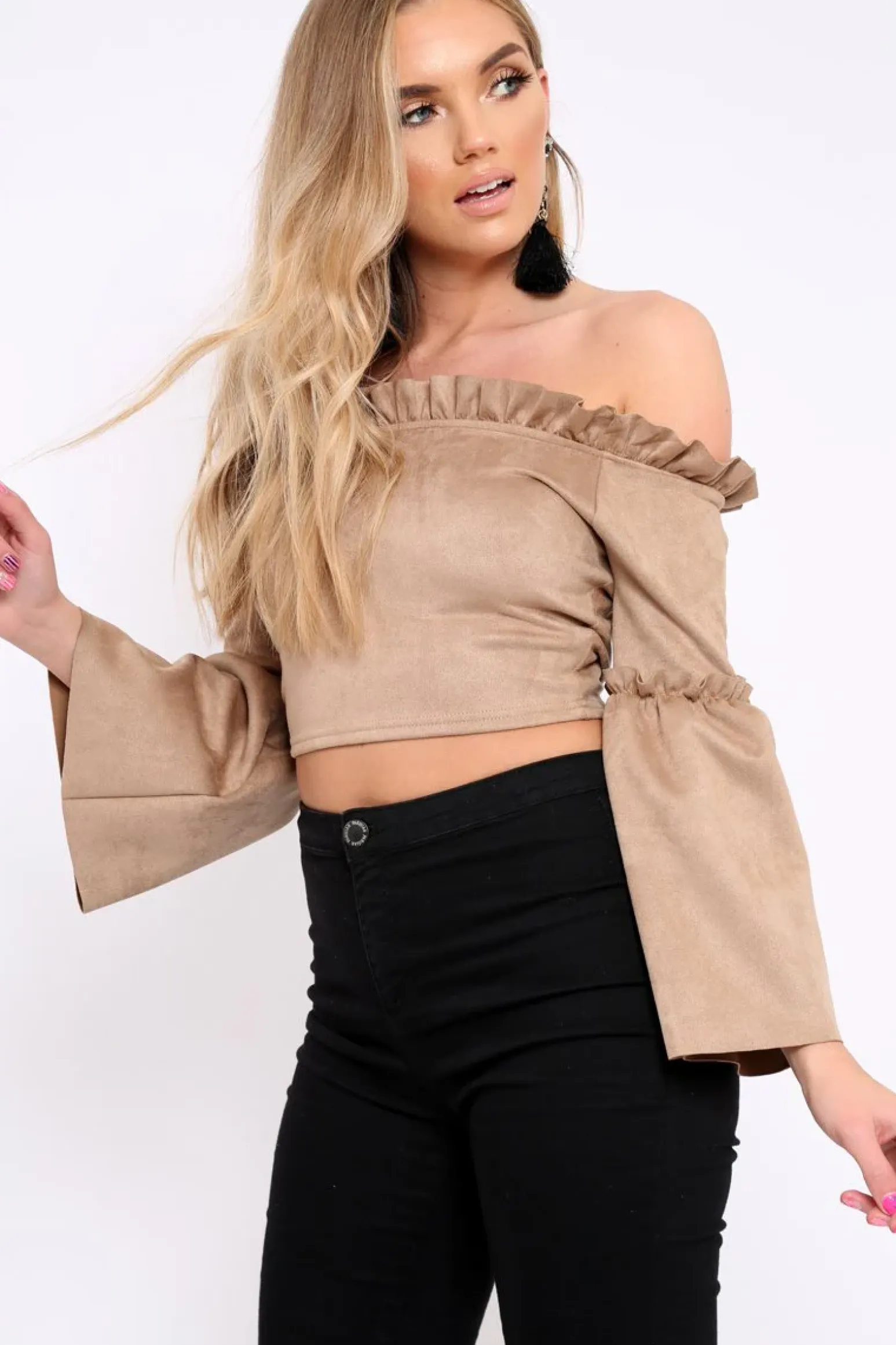 Rebellious Fashion Camel Faux Suede Crop Bardot Top - Torri