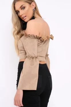 Rebellious Fashion Camel Faux Suede Crop Bardot Top - Torri