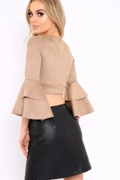 Rebellious Fashion Camel Faux Suede Plunge Front Crop Top - Quorra